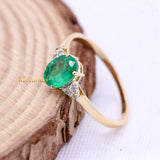 Trendy Natural Oval Cut Emerald Gemstone & Diamond Ring In 14k Yellow Gold