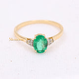 Trendy Natural Oval Cut Emerald Gemstone & Diamond Ring In 14k Yellow Gold