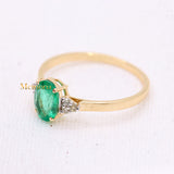 Trendy Natural Oval Cut Emerald Gemstone & Diamond Ring In 14k Yellow Gold
