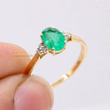 Trendy Natural Oval Cut Emerald Gemstone & Diamond Ring In 14k Yellow Gold