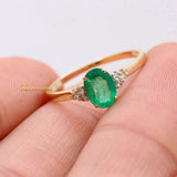Trendy Natural Oval Cut Emerald Gemstone & Diamond Ring In 14k Yellow Gold
