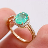 Handmade Natural Emerald Oval Cut Gemstone & Diamond 14k Gold Healing Ring For Women