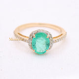 Handmade Natural Emerald Oval Cut Gemstone & Diamond 14k Gold Healing Ring For Women