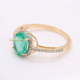 Handmade Natural Emerald Oval Cut Gemstone & Diamond 14k Gold Healing Ring For Women