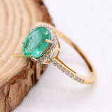 Handmade Natural Emerald Oval Cut Gemstone & Diamond 14k Gold Healing Ring For Women