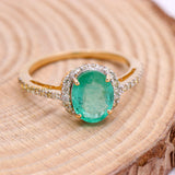 Handmade Natural Emerald Oval Cut Gemstone & Diamond 14k Gold Healing Ring For Women