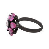 Flower Oval Ruby and Diamond 925 Sterling Silver Black Rhodium Plated Ring