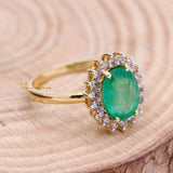 Natural Emerald Gemstone And Diamond Oval Shaped 14k Gold Healing Birthstone Rings For Women