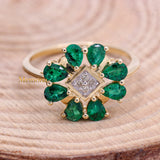 Designer Natural Emerald Gemstone & Diamond Ring In 14k Yellow Gold