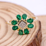 Designer Natural Emerald Gemstone & Diamond Ring In 14k Yellow Gold
