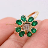 Designer Natural Emerald Gemstone & Diamond Ring In 14k Yellow Gold