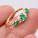 14k Yellow Gold Natural Emerald Gemstone & Diamond Three Stone Healing Ring For Women