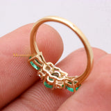 14k Yellow Gold Natural Emerald Gemstone & Diamond Three Stone Healing Ring For Women