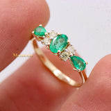 14k Yellow Gold Natural Emerald Gemstone & Diamond Three Stone Healing Ring For Women