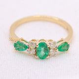 14k Yellow Gold Natural Emerald Gemstone & Diamond Three Stone Healing Ring For Women