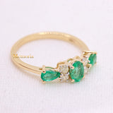 14k Yellow Gold Natural Emerald Gemstone & Diamond Three Stone Healing Ring For Women