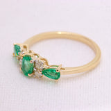 14k Yellow Gold Natural Emerald Gemstone & Diamond Three Stone Healing Ring For Women