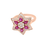 Precious Natural Ruby Gemstone and Diamond 18k White Gold Star Shaped Ring For Her