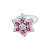 Precious Natural Ruby Gemstone and Diamond 18k White Gold Star Shaped Ring For Her