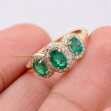 Natural Emerald Oval Cut Gemstone & Diamond Womens Three Stone Ring In 14k Yellow Gold
