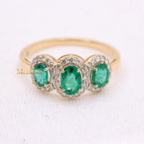 Natural Emerald Oval Cut Gemstone & Diamond Womens Three Stone Ring In 14k Yellow Gold
