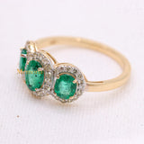 Natural Emerald Oval Cut Gemstone & Diamond Womens Three Stone Ring In 14k Yellow Gold