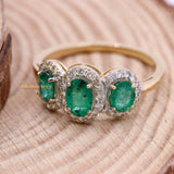 Natural Emerald Oval Cut Gemstone & Diamond Womens Three Stone Ring In 14k Yellow Gold