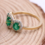 Natural Emerald Oval Cut Gemstone & Diamond Womens Three Stone Ring In 14k Yellow Gold