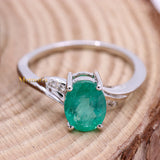 Natural Emerald Oval Shaped Gemstone With Diamond Ring In 14k White Gold
