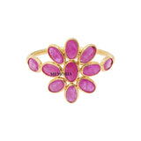 Flower Shaped Natural Ruby Gemstone 14k Yellow Gold Designer Ring