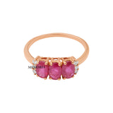 Three Stone Natural Ruby Gemstone and Diamond 14k Yellow Gold Ring