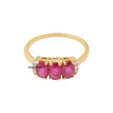 Three Stone Natural Ruby Gemstone and Diamond 14k Yellow Gold Ring