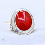 Coral Oval Shaped Gemstone 925 Silver Unisex Plain Ring