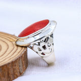 Coral Oval Shaped Gemstone 925 Silver Unisex Plain Ring