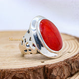 Coral Oval Shaped Gemstone 925 Silver Unisex Plain Ring