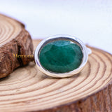 925 Silver Natural Emerald Gemstone Oval Cut Plain Ring