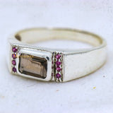 925 Sterling Silver Smoky Quartz And Ruby Gemstone Unisex Ring