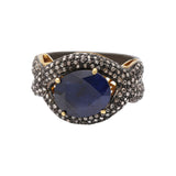 Designer Blue Sapphire Gemstone and Diamond 925 Sterling Silver Black Rhodium Plated Ring