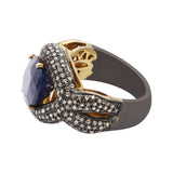 Designer Blue Sapphire Gemstone and Diamond 925 Sterling Silver Black Rhodium Plated Ring