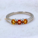 Three Stone 925 Silver Natural Orange Sapphire Gemstone Ring