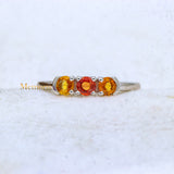 Three Stone 925 Silver Natural Orange Sapphire Gemstone Ring