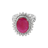 Gorgeous Natural Oval Shaped Ruby Gemstone and Diamond Ring In 14k White Gold