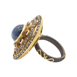 Natural Blue Star, Sapphire and Diamond 925 Sterling Silver Black Rhodium Plated Ring