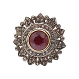 Flower Natural Ruby Gemstone and Diamond 925 Sterling Silver Black Rhodium Plated Ring