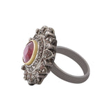 Flower Natural Ruby Gemstone and Diamond 925 Sterling Silver Black Rhodium Plated Ring