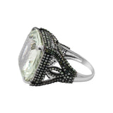 Natural Green Amethyst Gemstone and Green Diamond 925 Sterling Silver Ring