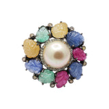 Pearl, Ruby, Emerald and Sapphire Carved Gemstone With Diamond 925 Silver Gold Plated Floral Ring