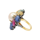 Pearl, Ruby, Emerald and Sapphire Carved Gemstone With Diamond 925 Silver Gold Plated Floral Ring