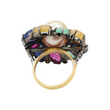 Pearl, Ruby, Emerald and Sapphire Carved Gemstone With Diamond 925 Silver Gold Plated Floral Ring