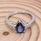 Natural Blue Sapphire Gemstone With Diamond 14k White Gold Ring